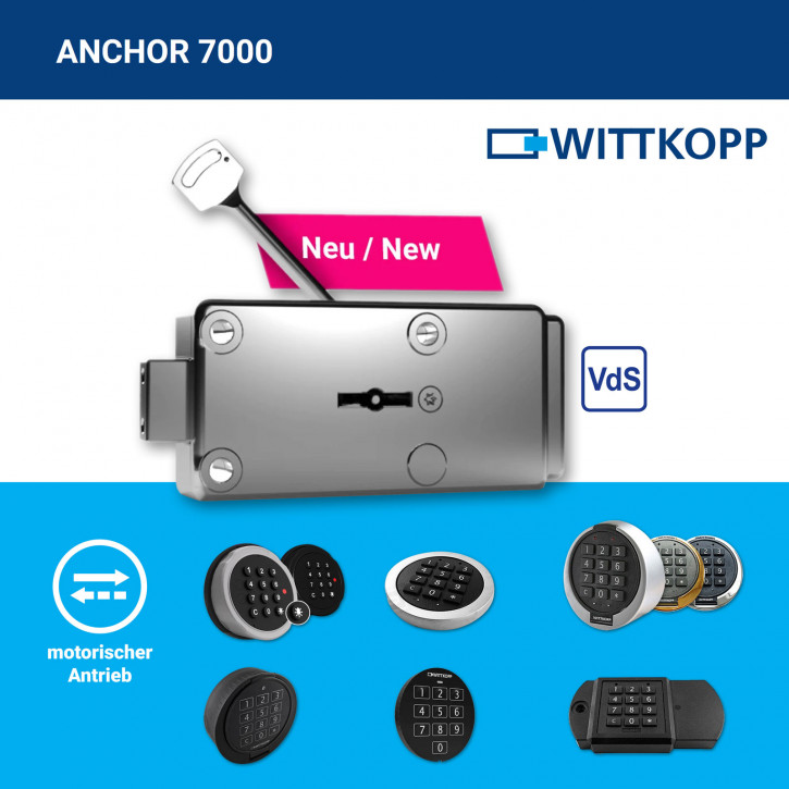 ***NEU*** KOMPLETTSET<br>Carl Wittkopp ANCHOR 7000 Motorschloss - Elektronikschloss EN 1300 B VdS II 2 mit Notschlüssel / Revision / Notschloss