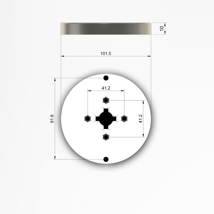 CLAVIS 103/10 mm Adapter- Montageplatte zum Auffüllen versenkten Anschraubpunkten. Umstieg von eingelassenen 103 mm Eingabeeinheiten/ Drehknöpfen auf andere Durchmesser. Standardbefestigungspunkte: 91,6mm / 41,2 mm