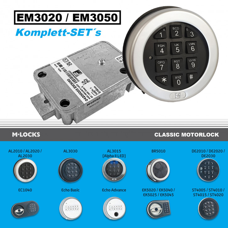 KOMPLETTSET - M-LOCKS EM2520 / EM3020 / EM3050 Motorschloss EN 1300 B VdS II 2, bestehend aus Einzelkomponenten: