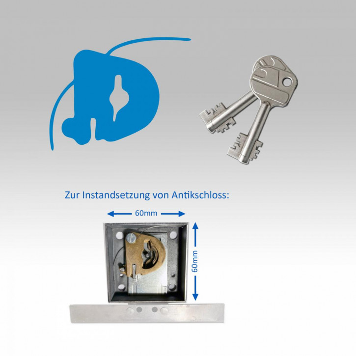 Zuhaltungssatz einzeln, zur Instandsetzung in Eigenregie Antikschloss (60 x 60 / 44,5 mm), neue Schliessung, inkl. 2 neuen Schlüsseln 53 mm lang