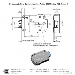 Cawi 2648 Optima Tresorschloss VdS Klasse I (1) Carl Wittkopp / Schlüssel 95 mm SONDERANGEBOT