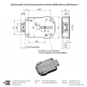 Carl Wittkopp Cawi 2648 Optima Tresorschloss VdS Klasse I (1)  / Schlüssel 95 mm SONDERANGEBOT